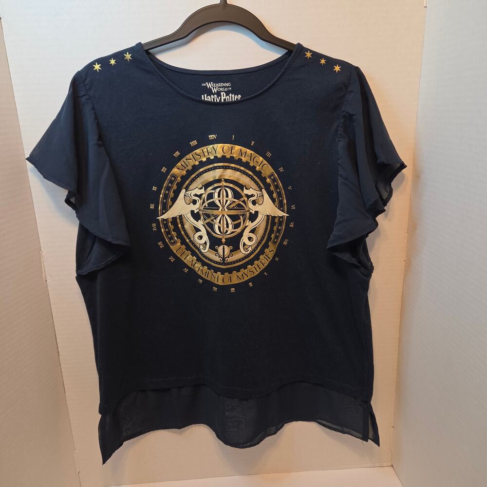 Harry Potter Ministry of Magic Navy and gold foil top flutter sleeves size L